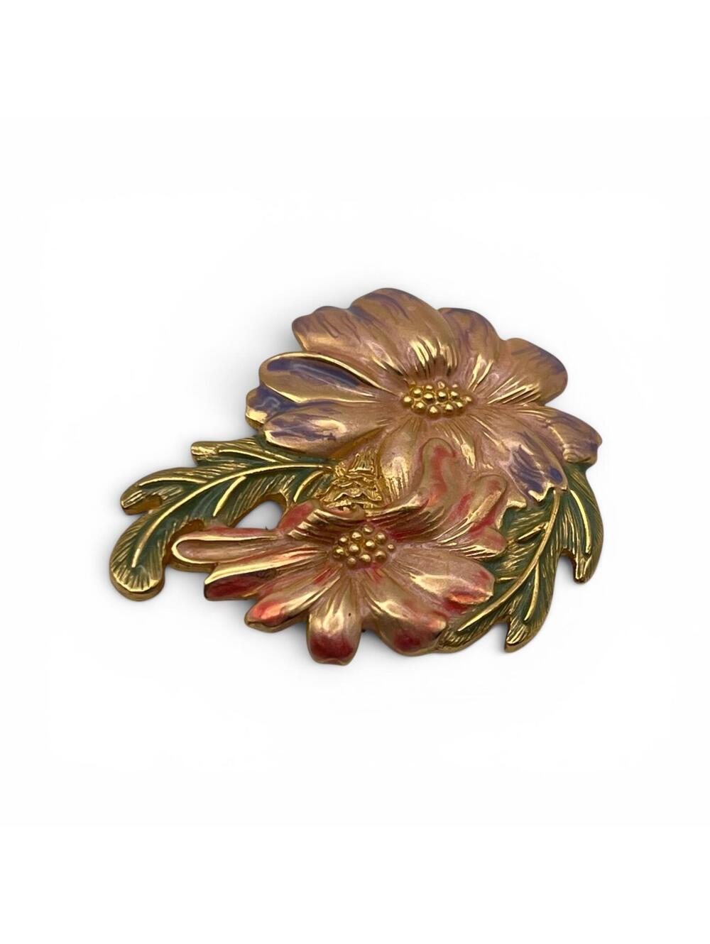 Vintage 80s Signed Paquette Enamel Gold Tone Watercolor Floral Brooch Pin